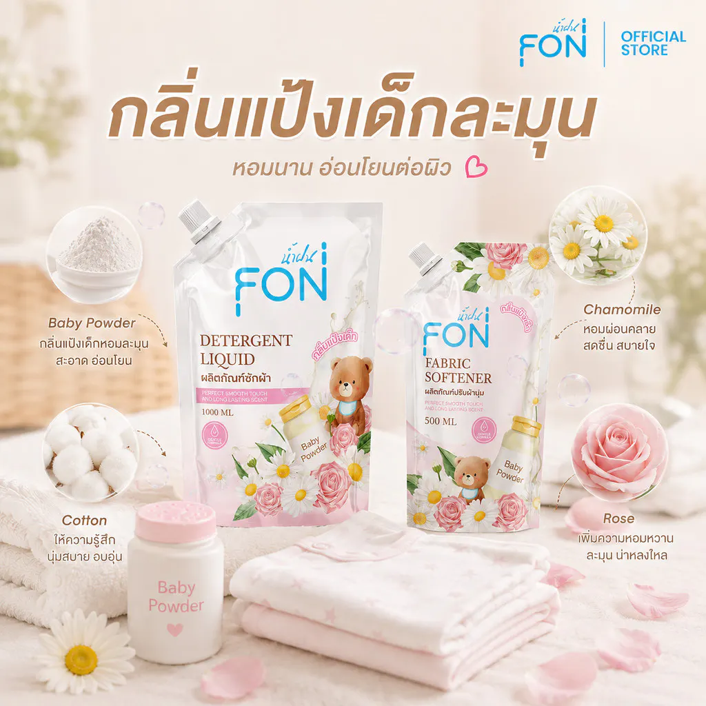 ผลิตภัณฑ์ซักผ้าน้ำยาซักผ้า+น้ำยาปรับผ้านุ่ม กลิ่นแป้งเด็ก สูตรกลิ่นน้ำหอมพรีเมียม แบรนด์ Namfon(น้ำฝน)