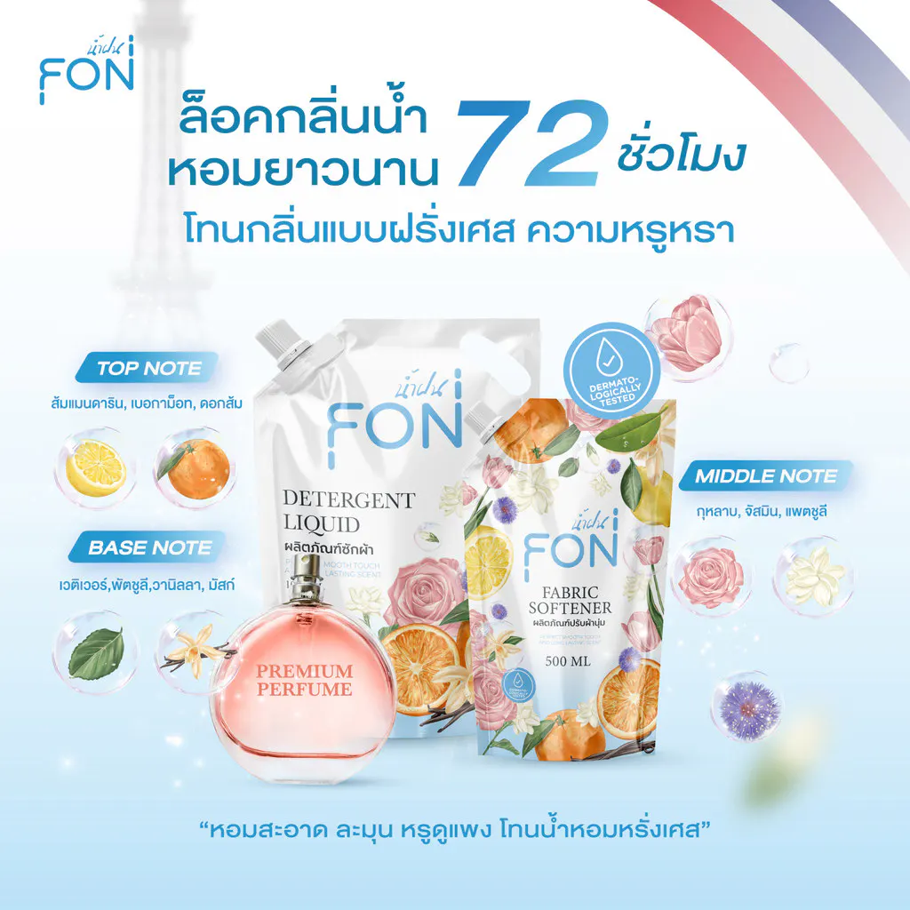 NamFon น้ำยาซักผ้า สูตรกลิ่นน้ำหอมพรีเมียม เข้มข้น หอมติดทนนาน ขจัดคราบสกปรกได้อย่างล่ำลึก อ่อนโยนต่อผิว ถุงเติม1000ml